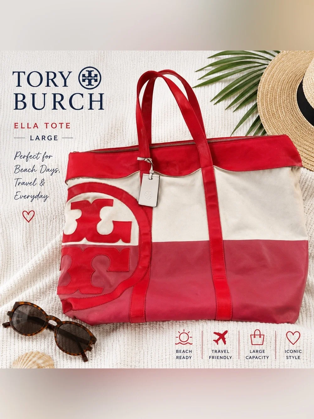 Tory Burch Ella Tote Red Canvas Beach Travel Bag Large Fair Condition